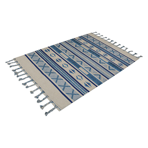 Handwoven Coastal Geometric Flatweave Area <b>Rug</b>-Blue Ivory Diamond Cotton Carpet <b>Boho</b> Striped Fringe Low Pile Living Room Decor - Product Image 1