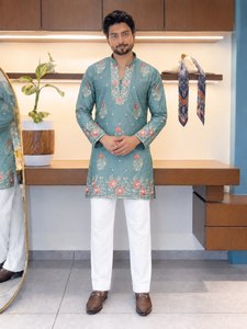 Conjunto de Kurta y Pijama Bordado para Hombre, Estampado Floral, Manga Larga, Traje Indio Pakistaní, Ropa para Bodas y Fiestas - Product Image 3