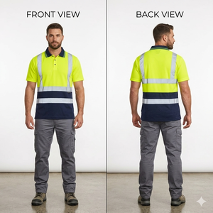 Camiseta de Manga Corta Amarilla y Azul Marino, Camisa de Trabajo de Alta Visibilidad con Tiras Reflectantes, Ropa de Trabajo para Construcción de Carreteras, Poliéster de Secado Rápido - Product Image 3