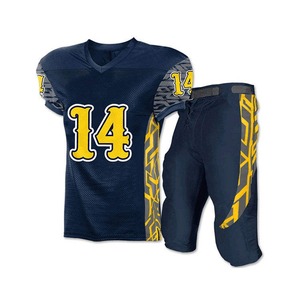 Conjunto de Uniforme de Fútbol Americano Personalizado para Hombre, Azul Marino y Amarillo 14, Jersey de Malla Sublimada, Pantalones Transpirables que Absorben la Humedad, Cuello en V - Product Image 6