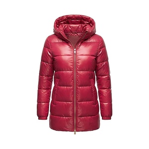 Chaqueta Acolchada con Capucha para Mujer, Invierno, Manga Larga, Cierre Completo, Resistente al Viento, Color Sólido Rojo, Relleno de Poliéster, Abrigo Grueso - Product Image 1