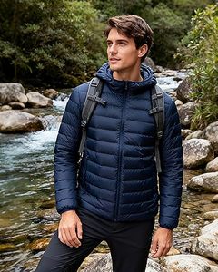 <b>Men's</b> Blue Puffer <b>Jacket</b> With Orange Zipper Stand Collar Casual Winter Windproof Polyester Wadding Regular Fit - Product Image 1