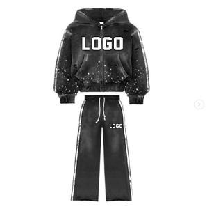 Ensemble de survêtements unisexe à capuche zippé et pantalon évasé, coupe ample, 100 % coton, style Y2K, avec logo personnalisé OEM, effet délavé à l'acide, pour l'hiver - Product Image 1