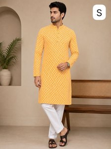 Conjunto de Kurta y Pijama de Algodón Grueso para Hombre con Bordado de Hilo |   Ropa Étnica Premium - Product Image 1