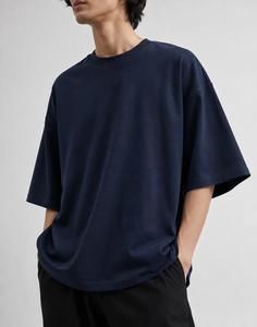 Wholesale Men's Oversized Solid Navy Blue Canvas <b>T</b>-<b>Shirt</b> Regular Sleeve O-Neck Casual Fit Breathable Eco-Friendly for Gym - Product Image 4