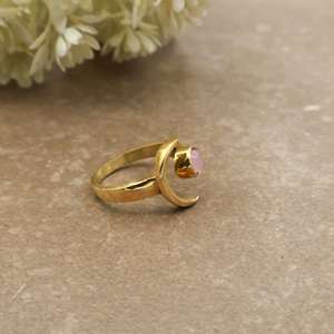Celestial Rose <b>Quartz</b> Crescent Moon <b>Ring</b> – 18K Gold Plated Brass Adjustable Boho Mystic Jewelry - Product Image 3