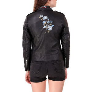 Chaqueta de Motociclista de Cuero PU para Mujer, Bordado Floral, Cierre de Cremallera, Manga Larga, Estilo Otoñal - Product Image 4