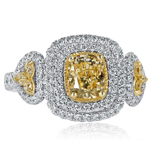 <b>Cushion</b> Cut Fancy Yellow Lab Grown Diamond Engagement <b>Ring</b> 14k White Gold Double Halo Split Shank VVS+ Clarity IGI Certified - Product Image 1