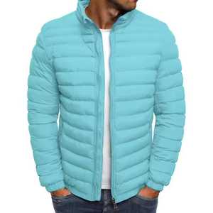 Unisex <b>Light</b> Blue <b>Puffer</b> <b>Jacket</b> Front Stand Collar Zipper Closure Casual Windproof Breathable Cotton Filled Slim Fit Winter - Product Image 1