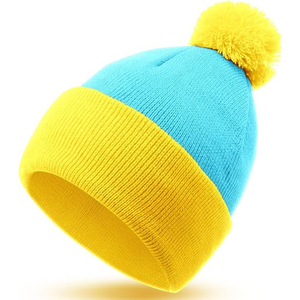 Bonnet unisexe mignon avec pompon jaune, bonnet d'hiver en tricot bicolore bleu et jaune pour adultes, usage décontracté - Product Image 2