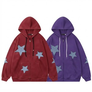 Sweat à capuche zippé oversize pour homme en coton tricoté avec applique étoile, décontracté, pour l'automne, rouge et violet - Product Image 1