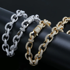 Collier chaîne Rolo ovale entièrement pavé de moissanite, chaîne cubaine bling-bling plaqué or, bijoux hip-hop - Product Image 1