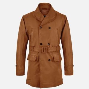 Turn Down Collar Distressed Sheep <b>Leather</b> <b>Long</b> <b>Jacket</b>/OEM Waxed Brown <b>Leather</b> <b>Jacket</b>/Vintage Brown <b>Leather</b> Buckle <b>Jacket</b> for Men - Product Image 1