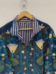 Bleu velours Suzani poche florale hiver veste courte brodé Boho Bomber manteau coton rempli hiver chaud veste - Product Image 3