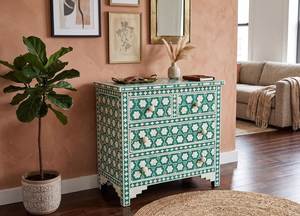 Commode de rangement multifonctionnelle de luxe en bois massif avec incrustations de os, fabriquée à la main en Inde, pour salon et cuisine - Product Image 6