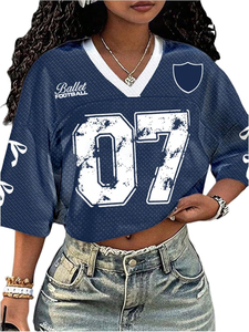 Ballet Football Women's Navy Blue <b>Mesh</b> <b>Crop</b> <b>Top</b> V-Neck Short Sleeve 07 Number Print Sporty Style Spring Summer - Product Image 2