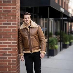 Chaqueta de aviador para hombre de cuero genuino marrón con forro de piel, abrigo bomber cálido para invierno. - Product Image 2