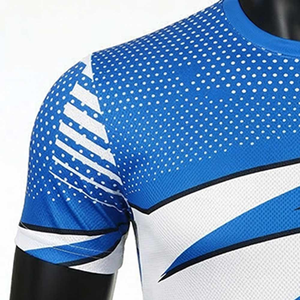 Camiseta de Manga Corta con Cuello Redondo y Estampado Geométrico Azul y Amarillo para Hombre, de Secado Rápido, Tejida, Deportiva y Ajustada - Product Image 5