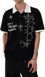 Polo pour homme style urbain imprimé gothique épineux, T-shirt à manches courtes effet deux-pièces, haut décontracté d'été pour couple - Product Image 2