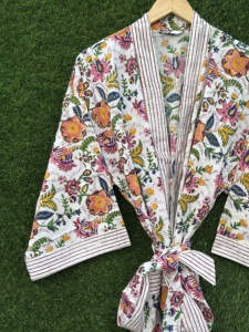 Robe Kimono en Coton Fleurie Faite à la Main pour Femme, 240g, Manches Longues, Ceinturée, Col en V, Tenue Décontractée de Nuit Printemps/Été, Peignoir de Resort - Product Image 1