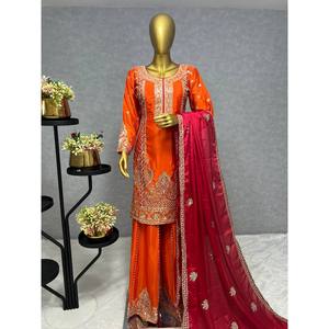 Hermoso Salwar Kameez de Seda - Traje de Fiesta con Top, Pantalón y Dupatta - Talla XL - Product Image 5
