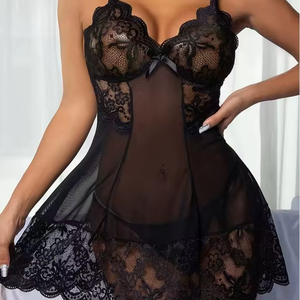 Chemise de nuit rouge en dentelle pour femme, longueur genou, sans manches, motif floral sexy, en spandex et nylon - Product Image 3