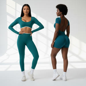 Conjunto Deportivo de Leggings y Sujetador Deportivo Elástico Acanalado Sin Costuras para Mujer, Ropa de Gimnasio, Ropa Deportiva, Ropa de Entrenamiento para Correr con Logotipo Personalizado - Product Image 1
