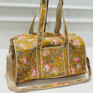 Mustard Floral Printed Cotton Luxury Travel Duffle <b>Bag</b> <b>Large</b> Capacity Weekend Shoulder <b>Crossbody</b> Handbag with Front Pocket - Product Image 1