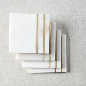 Square Marble <b>Coaster</b> Set With Gold Stripe Modern Stone Mats Non Slip <b>Table</b> Pads - Product Image 2