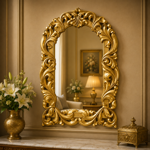 Aurelia Crest Wooden Carving <b>Wall</b> <b>Mirror</b> Handcrafted Premium Decorative Frame Elegant Vintage Bedroom Living Room Entryway Decor - Product Image 5