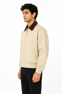 Chaqueta Harrington beige premium para hombre con cuello en contraste marrón, chaqueta bomber informal con cremallera, ropa exterior ligera de mezcla de algodón - Product Image 2