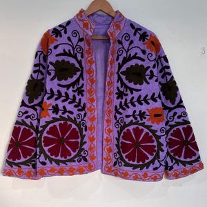 Purple Mandarin Collar Embroidered Knitted Coat Floral Print Long Sleeve Loose Fit Boho Style <b>All</b> Seasons Jacket Casual <b>Dresses</b> - Product Image 1