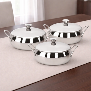 Ensemble de 3 bols en aluminium avec couvercle et poignées latérales, finition miroir, robustes et solides, compatibles lave-vaisselle, faciles à nettoyer - Product Image 1