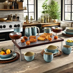 Bandeja de servicio de madera de mango con 2 soportes de aluminio Plato rectangular con cuencos para el hogar Cocina Comedor y boda - Product Image 1