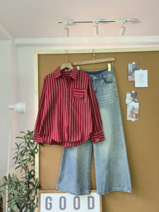 L1311059 Camisa de Mujer Oversize con Rayas Verticales, Manga Larga, Estilo Coreano Casual, Mezcla de Algodón, Ajuste Holgado, Blusa con Bolsillos, Venta al por Mayor - Product Image 5