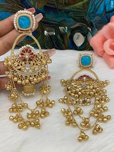 Pendientes largos de doble capa con piedras de Cachemira y acabado dorado de calidad premium para mujeres y niñas, colección para fiestas y eventos nocturnos. - Product Image 3