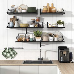 Set of 2 <b>Black</b> Floating Wall Shelves with Heavy Duty Metal Triangle Brackets Modern Wooden Display Shelves for Living Room <b>Bed</b> - Product Image 3