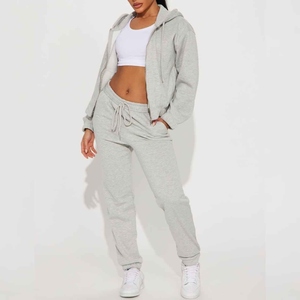 Wholesale Custom Cropped Zipper Acid Washed Women Tracksuit Hoodie and Sweatpants Distressed Embroidery Patch 2 Piece <b>Set</b> Cotton - Product Image 1