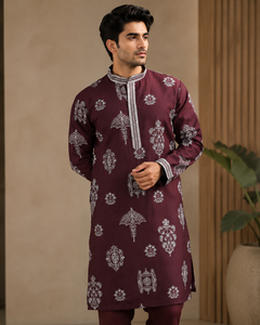 <b>Men</b> Ethnic Maroon Embroidered Cotton Kurta <b>Pyjama</b> Set Wedding Wear Designer Long Kurta Indian Pakistani Traditional Suit - Product Image 3