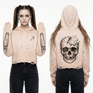 Sudadera con capucha corta para niñas, 350GSM, rosa melocotón, con dobladillo de encaje, borde desgastado, gráfico de calavera con ojo de botón, bordado con aguja, de forro polar - Product Image 1