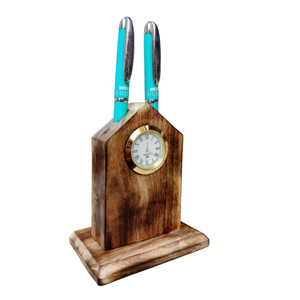 Wooden Pen Holder Desktop Organizer With Clock Phone Stand And Pen Holder Natural Finish Office Storage Stand - Product Image 5