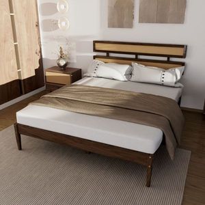 Letto matrimoniale in stile bohémien con testiera in rattan intrecciato, in legno di pino con finitura noce scuro, opzione verniciata disponibile - Product Image 4