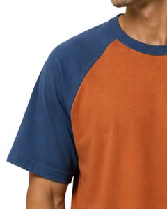 <b>Rust</b> Orange And Denim Blue Raglan T Shirt For Men Short Sleeve Crew Neck Cotton Tee Custom Casual Color Block Streetwear <b>Top</b> - Product Image 3