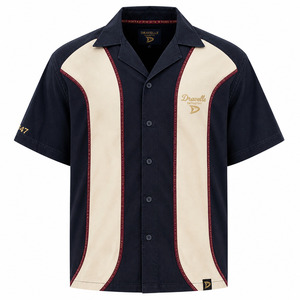 Camisa de bolos Y2K personalizada para hombre, corte holgado, con botones, color azul marino y crema, estilo retro, con cuello camp y bordado. - Product Image 3