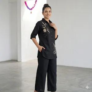 Tunique noire brodée pour femme avec manches longues, motif floral, coupe ample, ensemble décontracté toutes saisons - Product Image 3