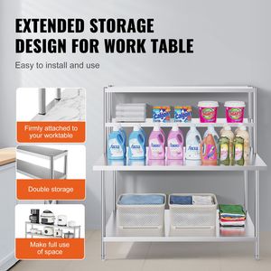 Tavolo da Lavoro Commerciale a Doppio Ripiano in Acciaio Inox, 12 x 60 Pollici, Altezza Regolabile, con Ripiano Superiore, per Cucina Professionale - Product Image 4