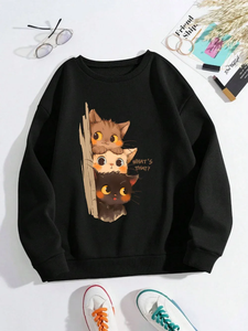 Sweat-shirt à capuche basique sportif pour l'automne-hiver 2026 avec impression 'Trois petits chats vous observent discrètement' - Product Image 3