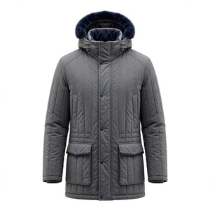 <b>Men's</b> Gray Hooded Quilted Puffer <b>Jacket</b> <b>Long</b> Thick Polyester Autumn Waterproof Sporty Casual Zipper Closure - Product Image 1