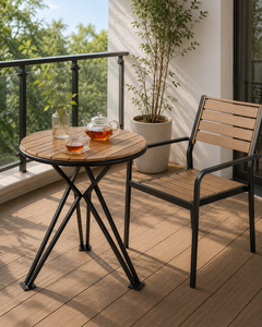 Contemporary <b>Round</b> Outdoor <b>Table</b> With Teak Wood Top And Black Metal Frame Durable Design For <b>Patio</b> Use - Product Image 3
