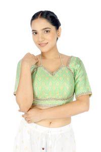 Chemisier court ample en soie brodée vert menthe à manches courtes et col en V pour femme, grande taille, printemps/hiver, été, mariage, tenue ethnique - Product Image 3